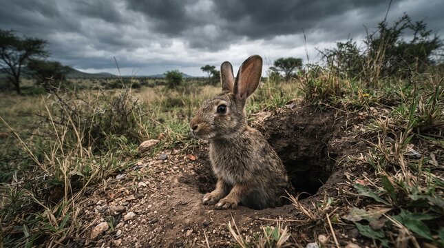 Brown Rabbit in Natural Habitat with Dark Cloudy Sky and Rustic Terrain. Wildlife Portrait of a Wild Rabbit