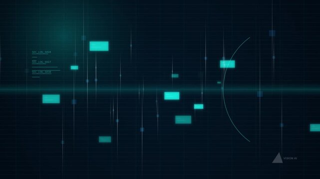 Abstract digital data stream with glowing teal rectangles and lines on a dark grid background, futuristic technology concept