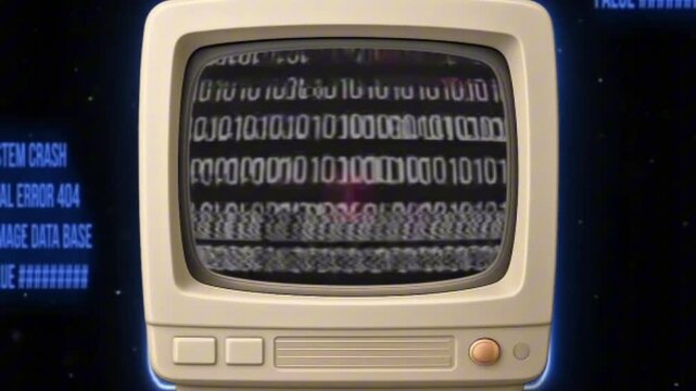 Vintage television displaying binary code on screen with system error text in the dark space background 4K