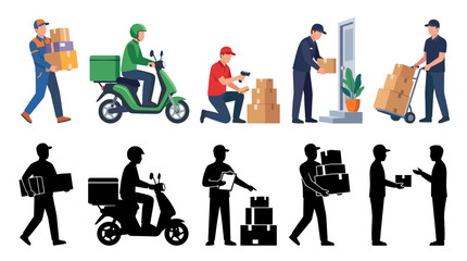 Set of vector collection featuring different delivery courier logistics activities, carrying parcel boxes, scanning shipping packages with handheld barcode scanner © mehdik