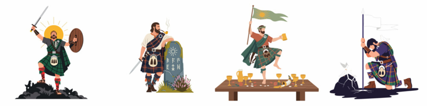 Set of vector illustrations depicting Scottish highlanders in traditional kilts engaged in battle, celebration, peaceful reflection, and standing by an ancient rune stone.