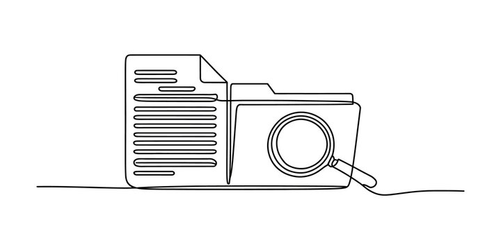 Continuous one line drawing of a folder document and magnifying glass