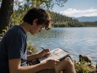 Fototapeta premium Young Male Artist Sketching in Notebook by a Peaceful Mountain Lake During Summer Vacation for Art and Creative Hobby Concept