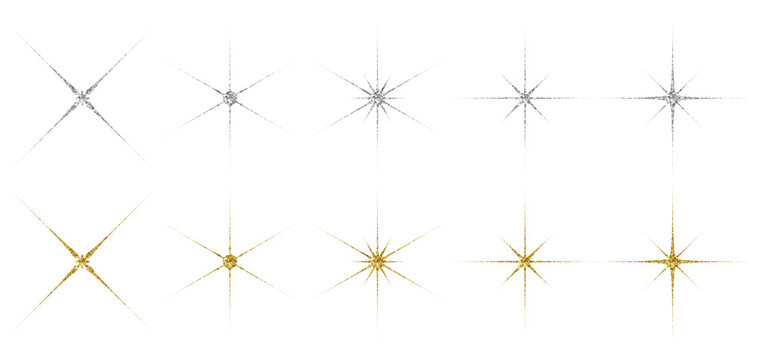Gold and silver glitter sparkle star overlay effects with shining light bursts, perfect for design decoration and visual highlights.