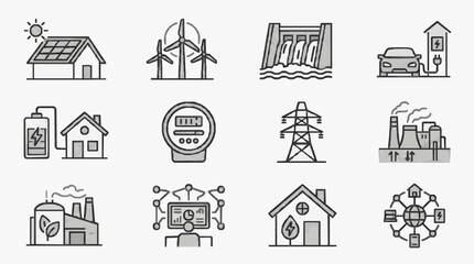 Fototapeta premium Industrial Black and White Line Icons Set Featuring Renewable Energy Power Generation Smart Homes and Technology