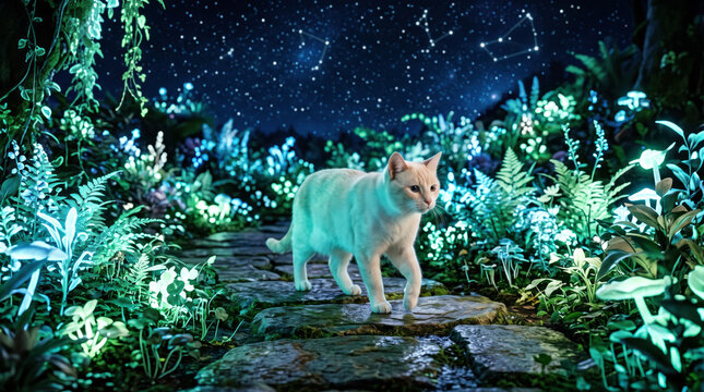 Beautiful white cat walking through a magical bioluminescent forest at night with glowing plants and a clear starry sky, futuristic fantasy pet concept.