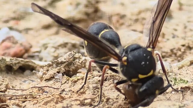 

Front view macro shot of a Potter Wasp (Oreumenes decoratus) collecting mud for nest building, 4K UHD
