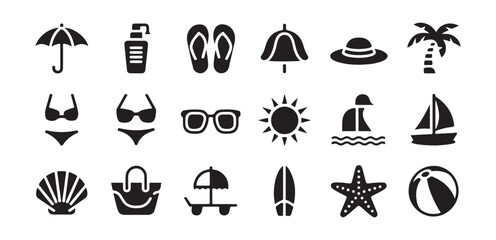 Collection of black silhouette summer and beach icons on a white background, including umbrella, sunscreen, flip flops, hat, palm tree, bikini, sunglasses, sun, waves, sailboat, beach bag, seashell, b © Shohag