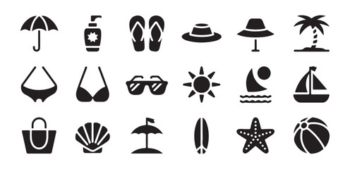 Collection of black silhouette summer and beach icons on a white background, including umbrella, sunscreen, flip flops, hat, palm tree, bikini, sunglasses, sun, waves, sailboat, beach bag, seashell, b © Shohag