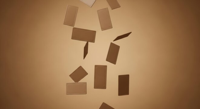 Brown paper pieces fall from top to bottom in a gradient light brown background