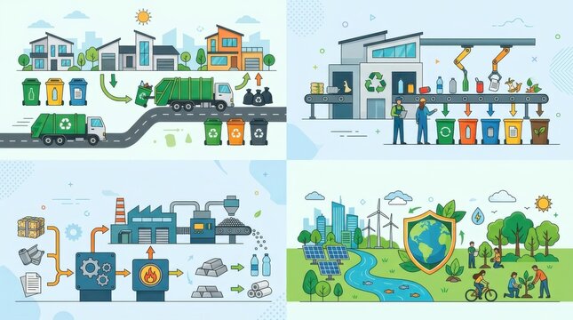 Recycling Facilities with Workers and Machinery Processing Waste Materials in a Clean and Efficient Environment