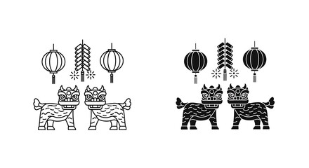 Fototapeta premium Chinese new year lion dance and lantern icons