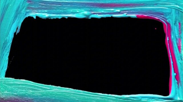 Hand Painted Rectangular Frame with Vibrant Turquoise and Pink Acrylic Brushstrokes on Black Background