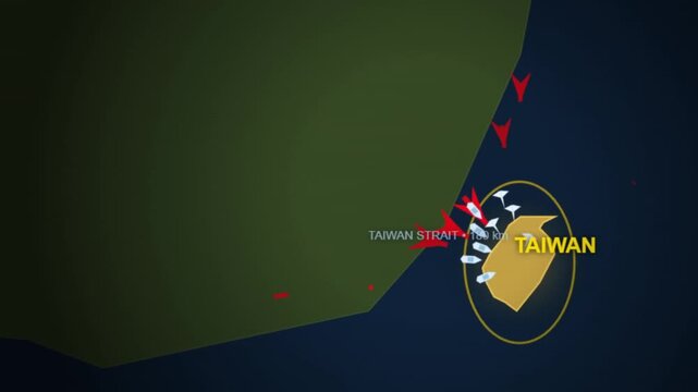 Animated map showing Taiwan Strait, 180 kilometers between China and Taiwan, with Taiwan surrounded by defensive forces and red arrows indicating attack.