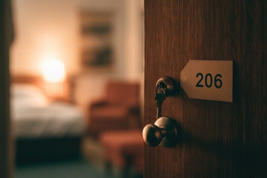 Open hotel room door with number 206 and blurred interior view.