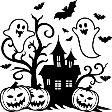 SVG vector illustration of a Halloween pumpkin, ghost, and haunted house.Spooky Haunted House with Ghosts and Pumpkins for Halloween