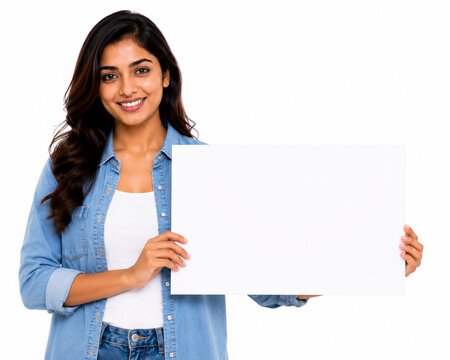 young woman holding blank board
