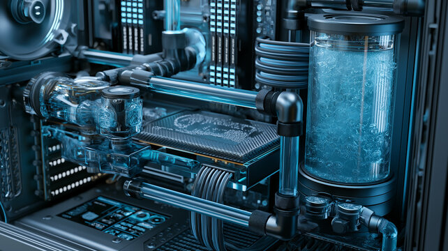 High-performance computer liquid cooling system with blue coolant tubes and reservoir, showing advanced hardware and thermal technology.