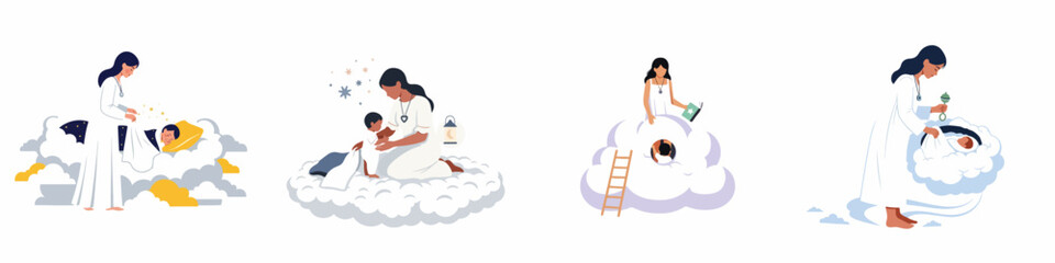 Obraz premium Four whimsical illustrations of a mother caring for her child in a dreamlike world among the clouds and stars.