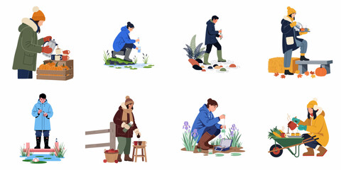 Set of flat vector illustrations featuring environmental scientists taking water samples and people serving hot autumn beverages in outdoor seasonal settings. © Muqodimatul