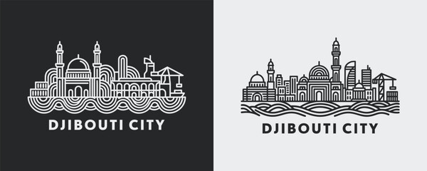 Djibouti City Africa Skyline Illustration with Sea Pattern © Quivr