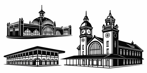 Black and white of five historic european railway stations with domes and towers architecture © AD