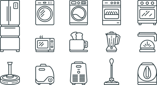 Home Appliances Line Icon Set with Refrigerator, Washing Machine, Oven, Microwave, Blender, and Vacuum Cleaner Vectors for Modern Kitchen and Housework Concepts