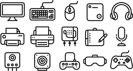 Computer Peripherals and Gaming Hardware Line Icon Set with Monitor, Keyboard, Mouse, Printer, Headset, Graphic Tablet, and Gamepad Vectors for Tech Designs © Mst