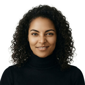 Woman smirk eye-roll isolated mixed-race person in black turtleneck making a playful expression on a transparent background for creative projects