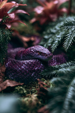 Purple Snake Resting Beneath Evergreen Branches Surrounded By Moss and Dense Forest Vegetation With Natural Camouflage Patterns