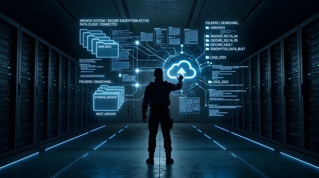 Technician monitors cloud storage servers in a high security digital facility.