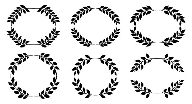 Black laurel wreath silhouette frames with circular leaf borders for classic award and logo designs.
