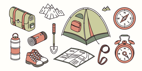 Set of 50 flat for hiking, camping, and outdoor adventure activities backpack tent campfire © AD