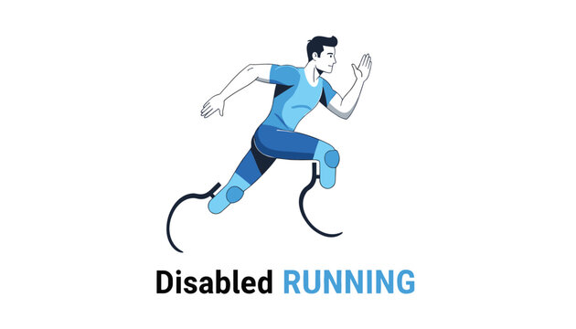 Inspiring disabled athlete with prosthetic blade legs running with determination in a sports competition.