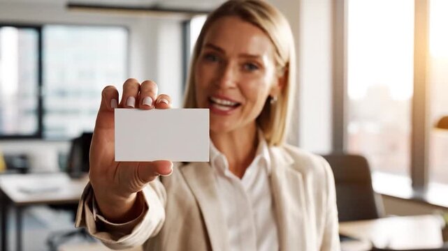 A professional businessperson presents a blank card in daylight