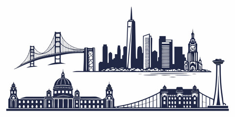 Black and white city skyline with iconic landmarks and bridges buildings © AD