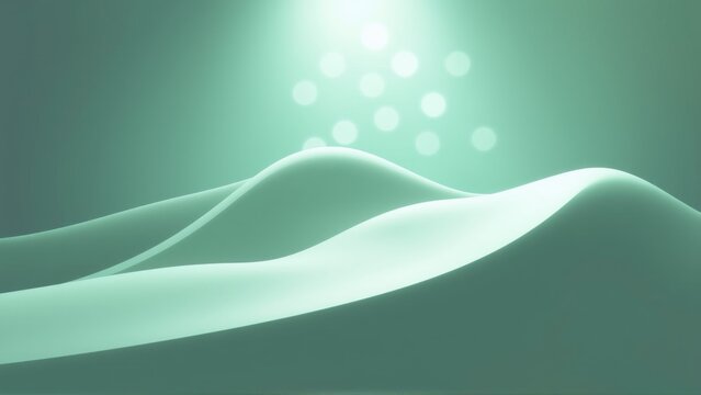 Abstract waves, luminous orbs, teal hues create calming visual experience. Soft light emphasizes fluid forms, serene composition.