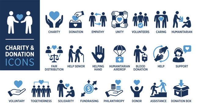 Set of charity and donation icons featuring people helping others in need with heart symbols