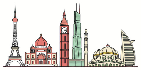 Vibrant city skyline with iconic landmarks, red brick buildings, and clock tower church steeple © AD