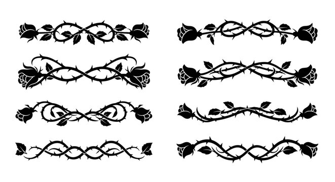 Decorative floral borders with roses and thorny stems in black silhouette