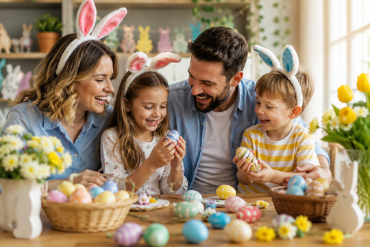happy family with easter eggs