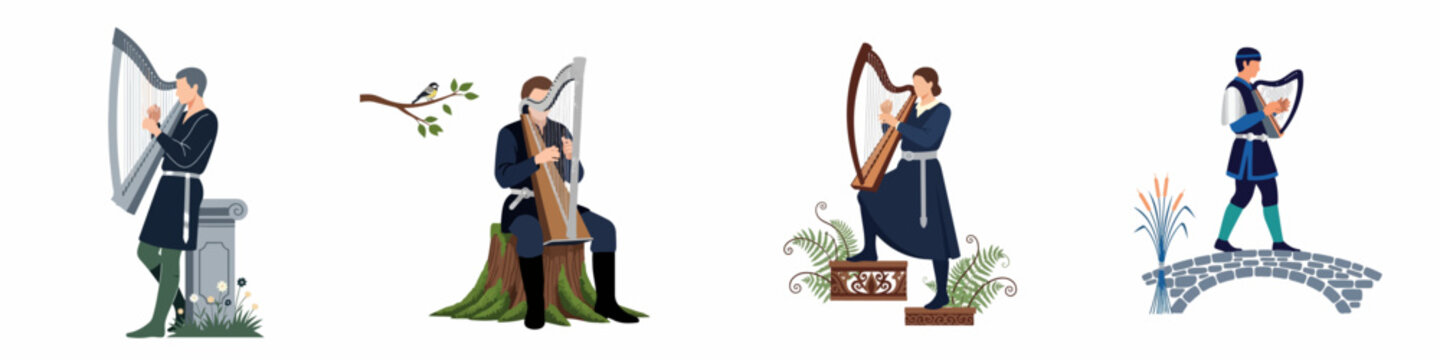Set of four medieval harp players in historical costumes performing in various outdoor settings such as a stone bridge and forest stump.
