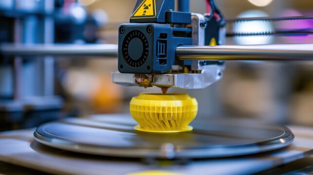 A 3D printer creates a yellow object on a metal platform in a factory setting.