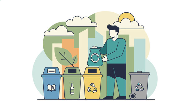 Environmentally conscious man sorting different waste types into colorful recycling bins against a city background.