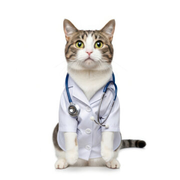 Cute tabby cat dressed as a doctor with a stethoscope