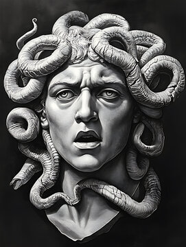 Detailed Sculpture of Medusa with Serpent Hair from Greek Mythology.