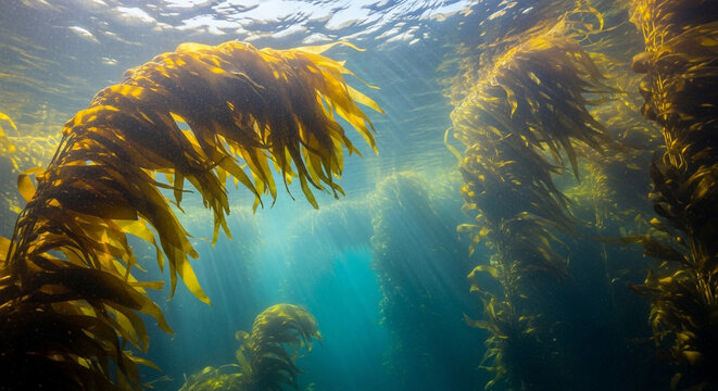 Underwater kelp forest with sunlight filtering through the water