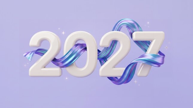 Three dimensional numbers 2027 decorated with a flowing iridescent silk ribbon and tiny sparkling stars against a soft pastel purple surface creating a festive modern celebration concept