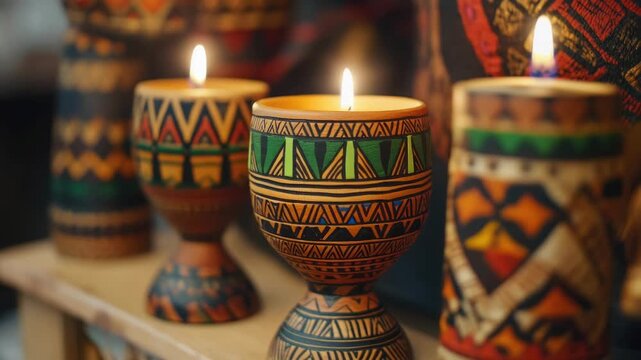 Handmade candles with tribal designs, featuring intricate patterns and vibrant colors