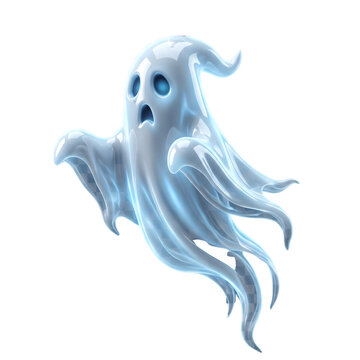 Creepy flying white ghost phantom floating on white background